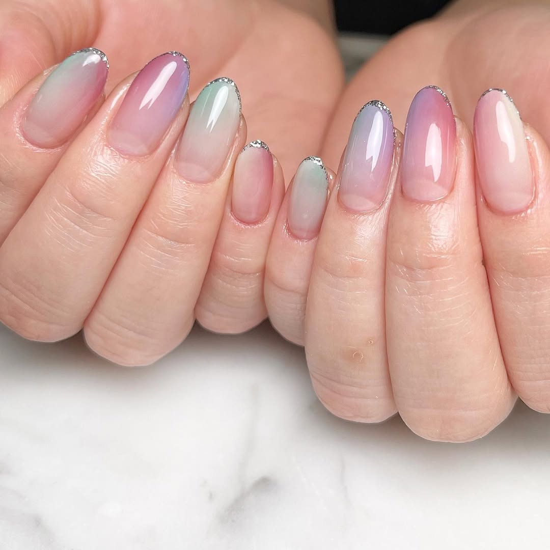 Rainbow Pastel Ombre Glitter Outline Nails
