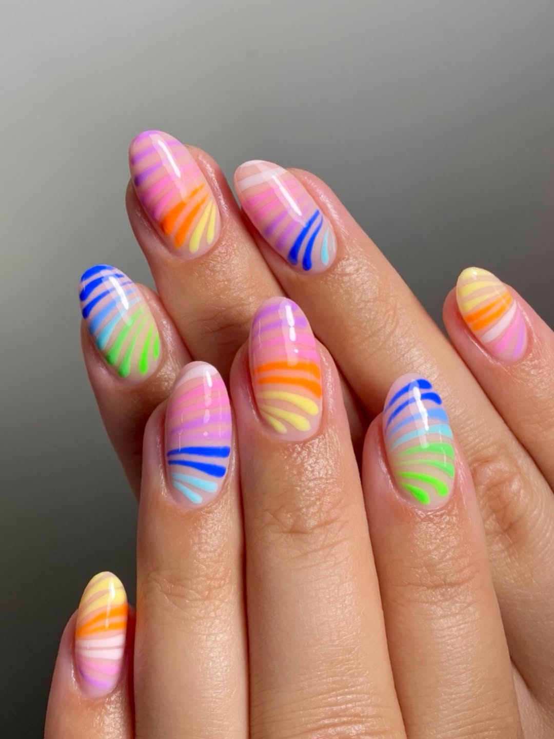 Rainbow Swirl Striped Glossy Oval Nails