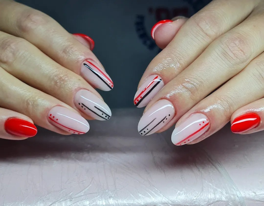 Red and Black Abstract Line Art Almond Nails