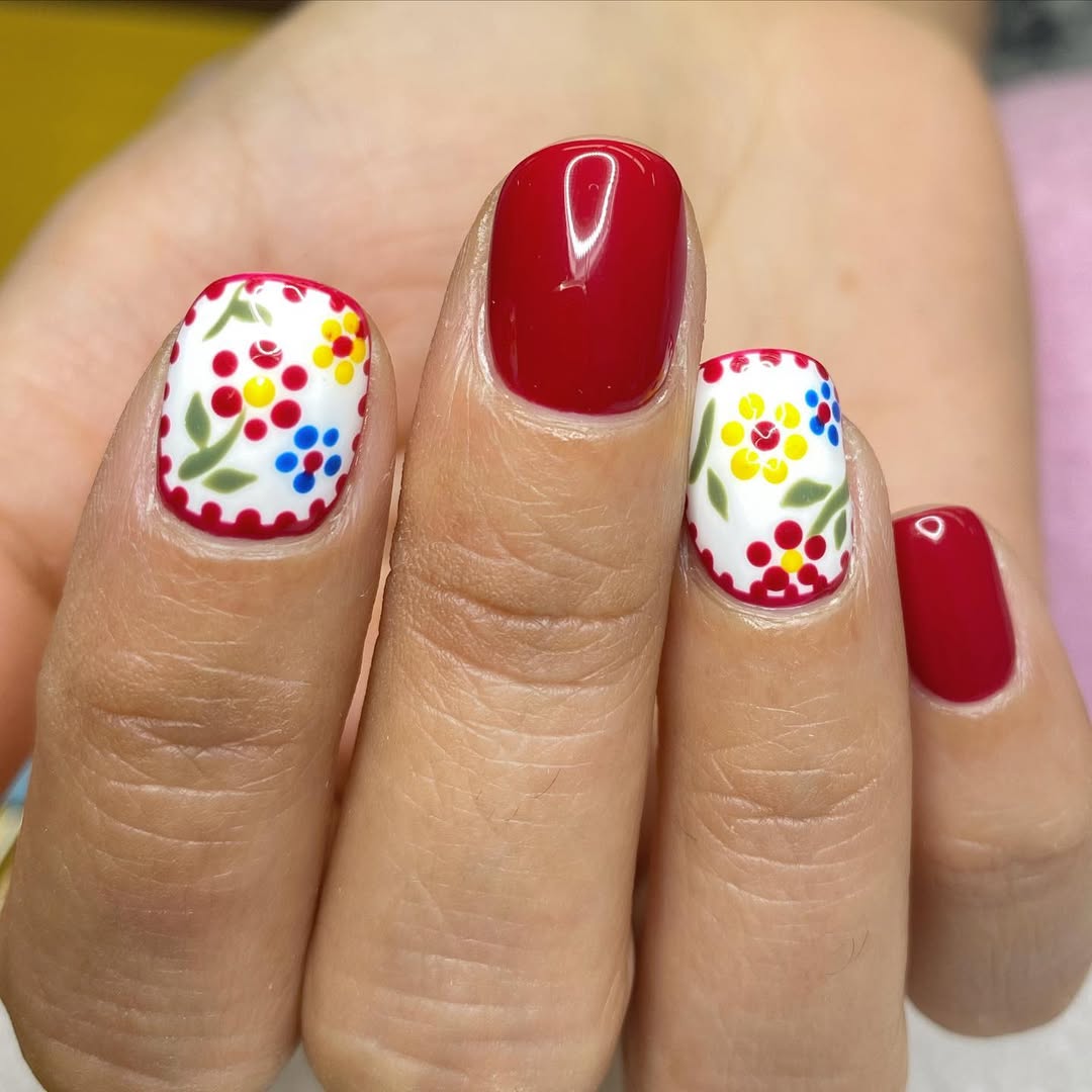 27 Stunning Mexican Nail Designs for 2026 19 Red and White Floral Dotted Squoval Nails