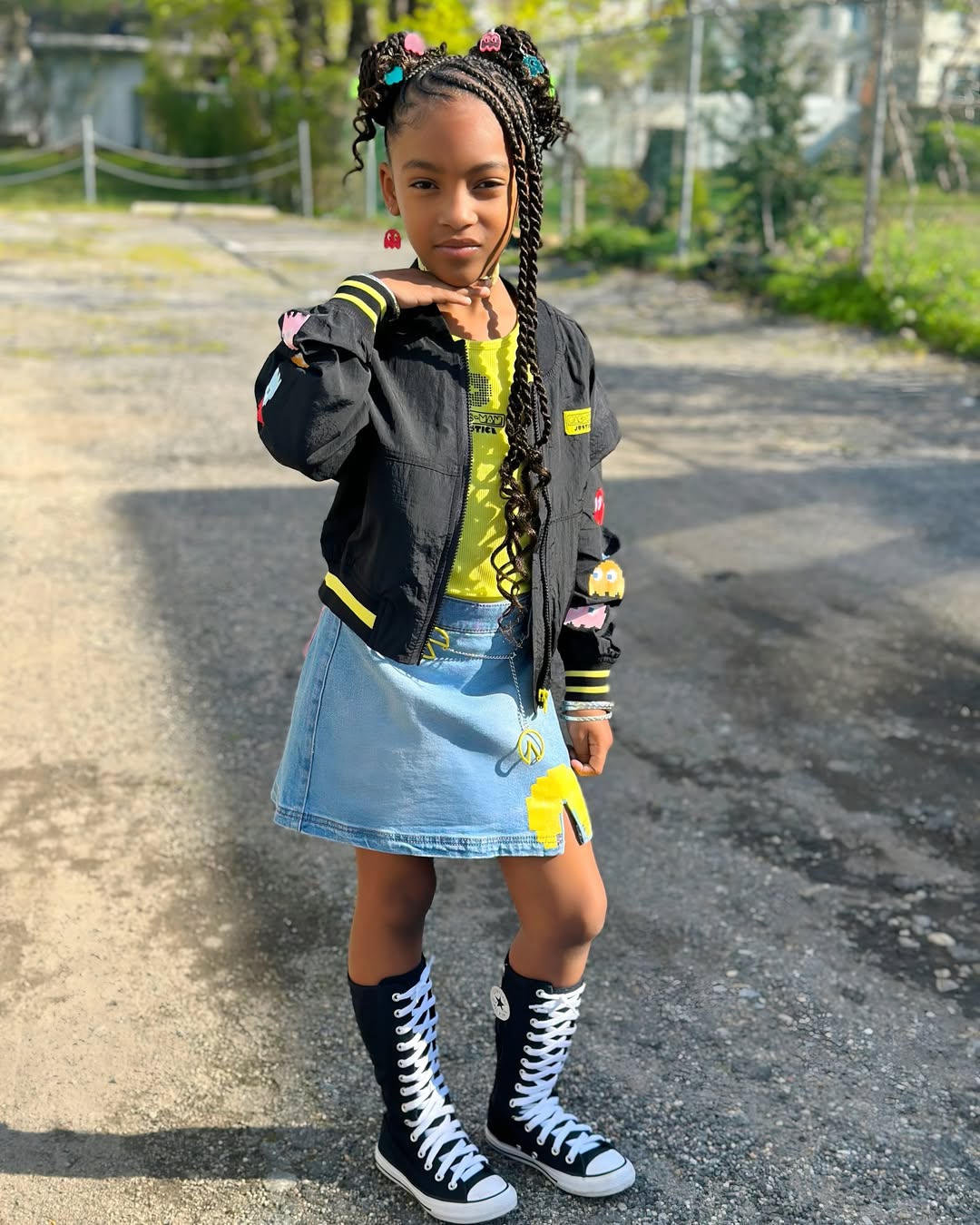 25 Epic School Outfit Ideas for 2026 You Need Now 18 Retro Pac-Man Bomber Jacket And Denim Skirt Combo