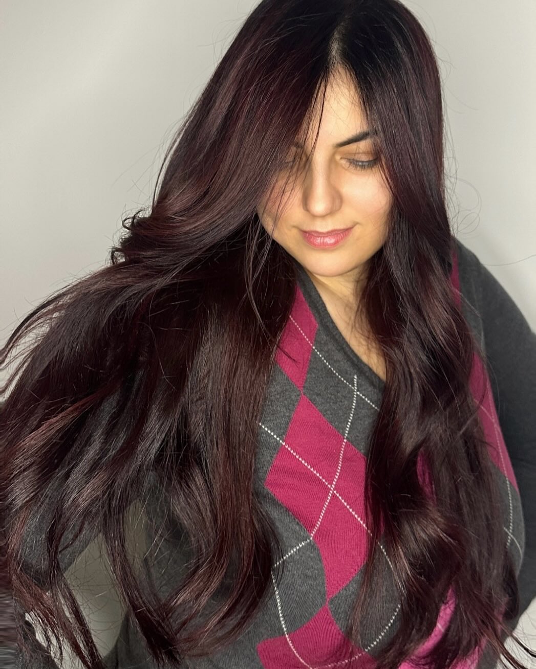 Rich Cherry Brown Long Layers Soft Waves