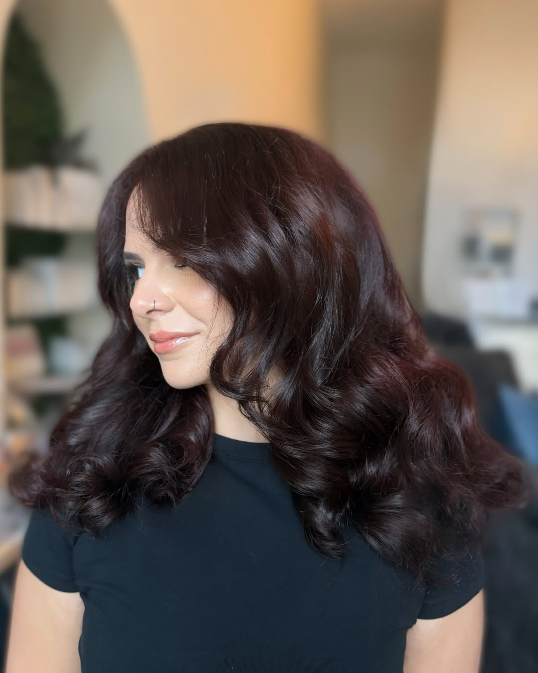 Rich Cherry Brown Waves With Wispy Bangs