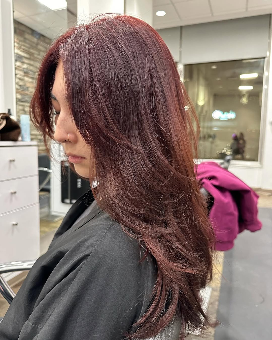 Rich Cherry Brown Wavy Layers With Side Bangs