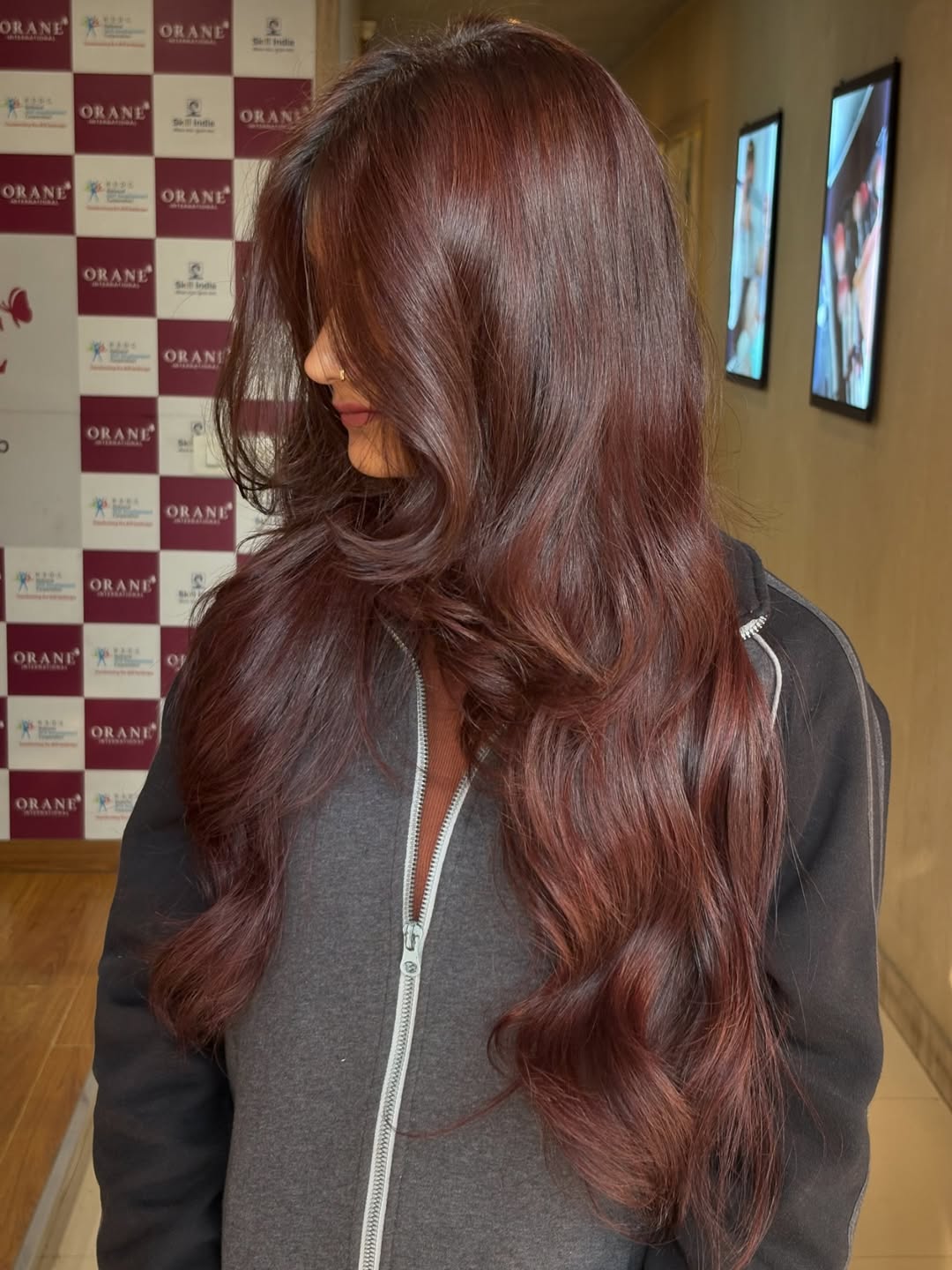 Rich Cherry Brown Wavy Long Layers With Volume