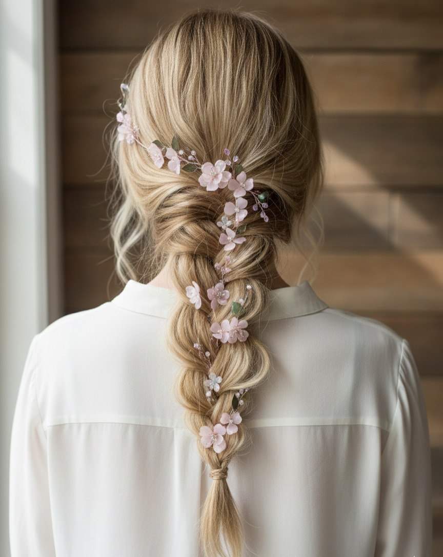 Romantic Braided Hairstyle With Cherry Blossom Hair Vine