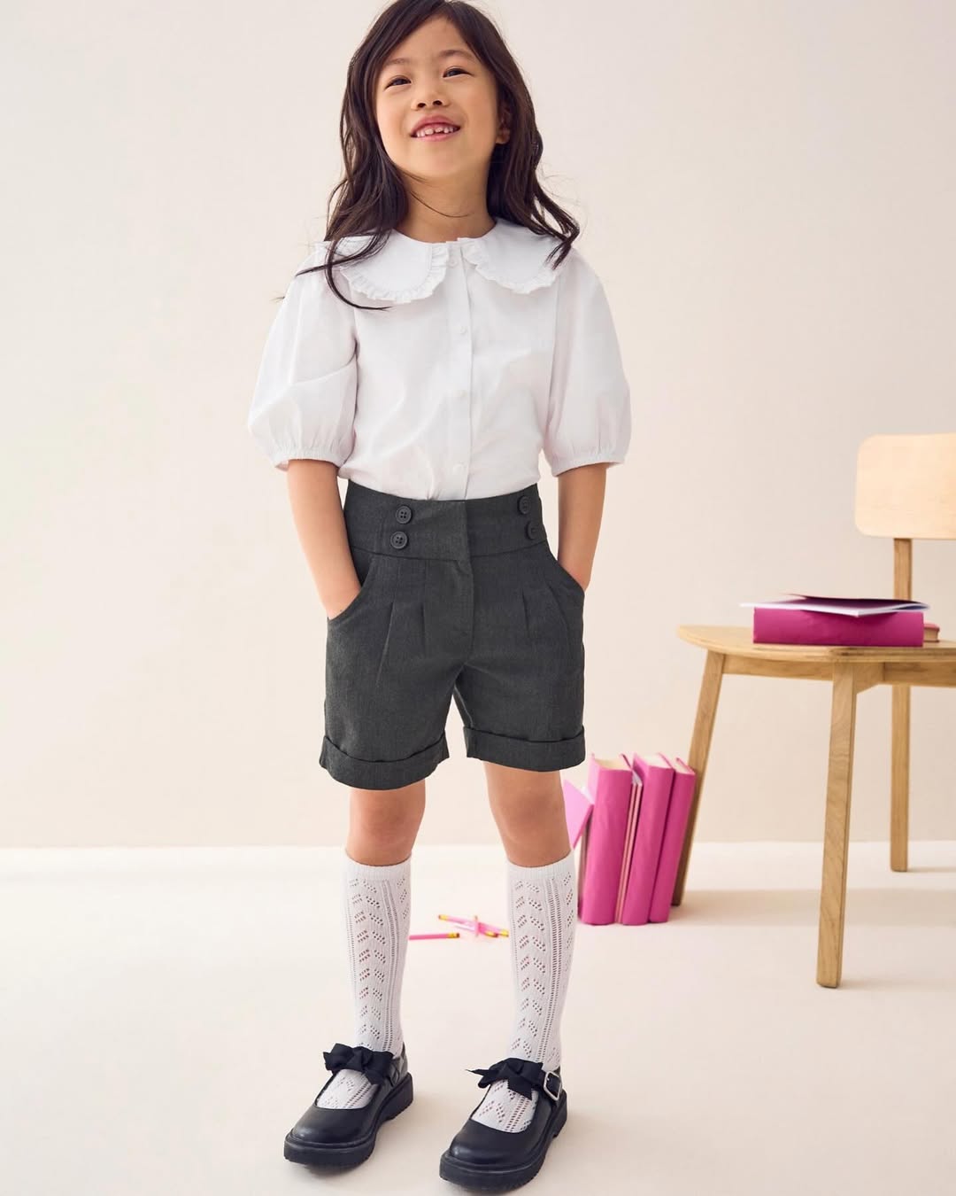 School Uniform Playful Puff Sleeve With Pleated Shorts