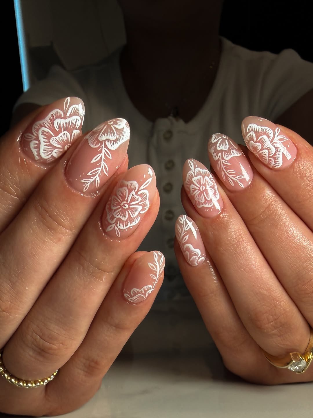 Sheer Nude White Floral Almond Gel Nails