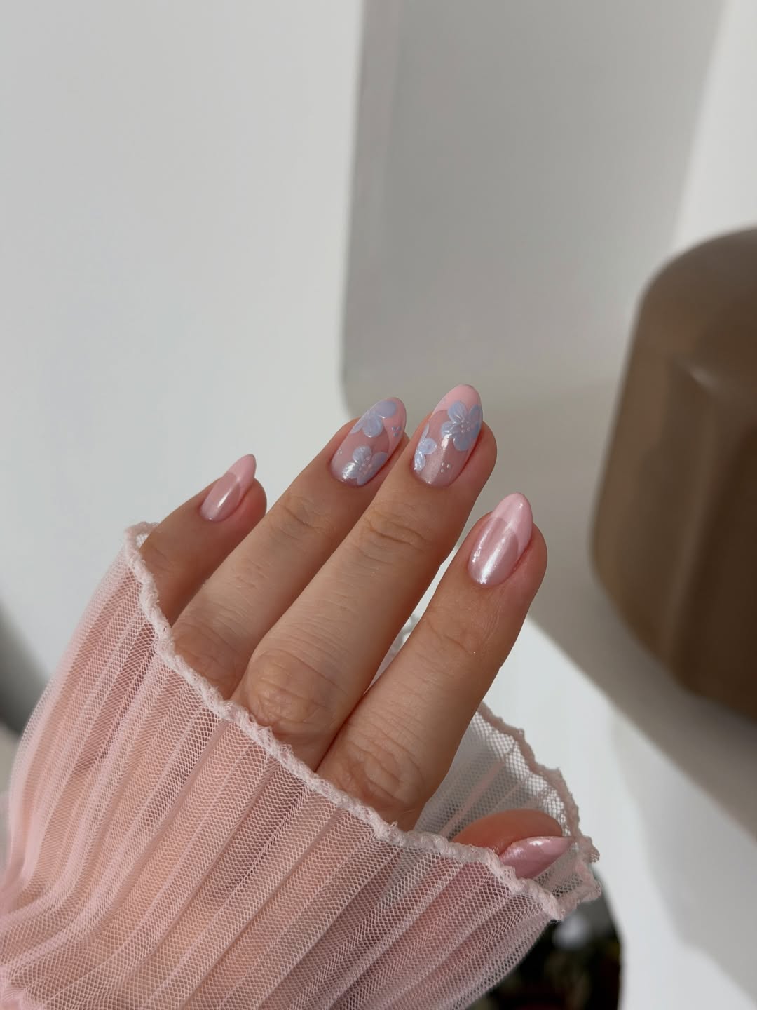Sheer Pink Pearl Almond Nails With Periwinkle Flowers