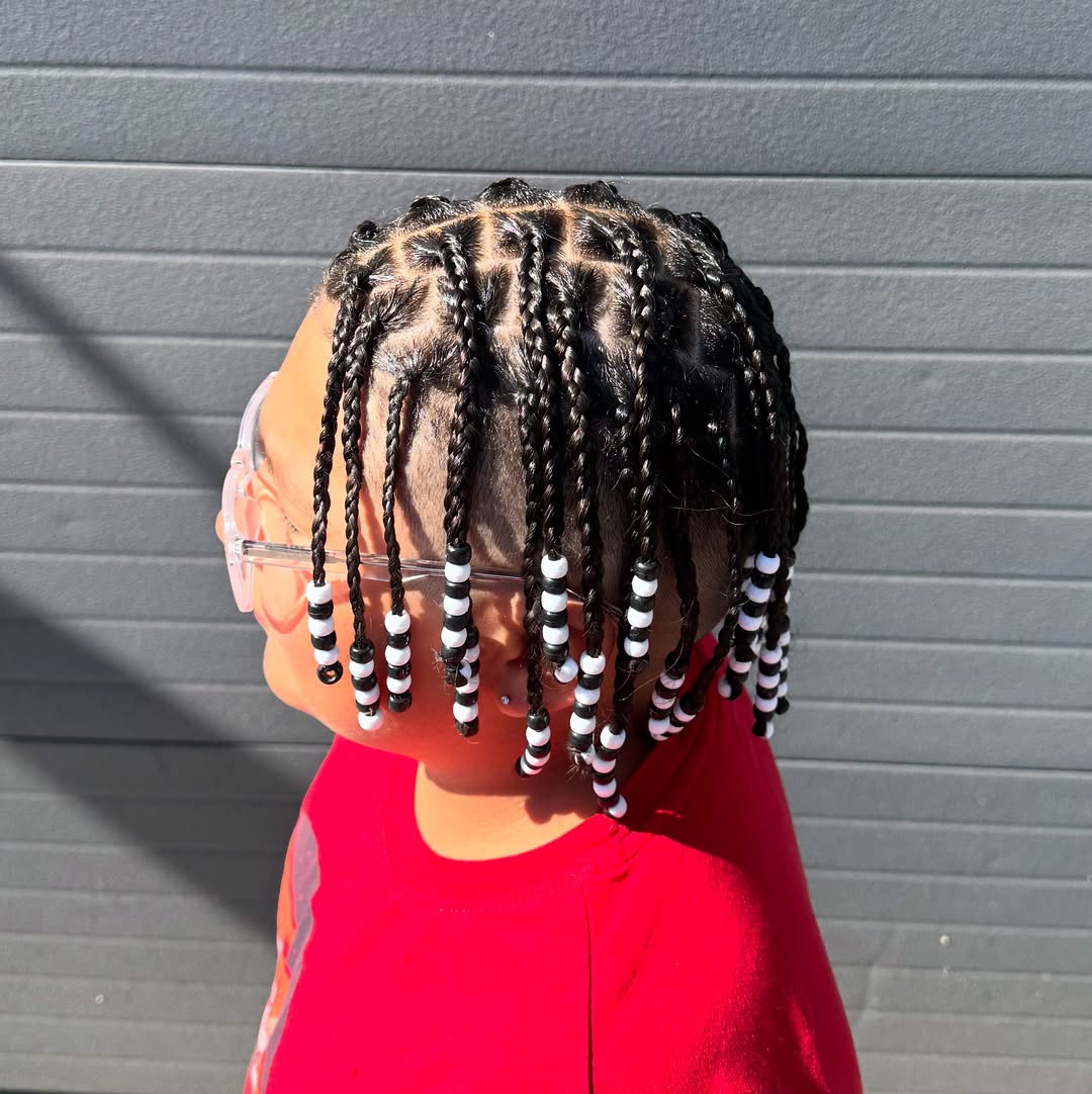 Short Box Braids With Black And White Beads