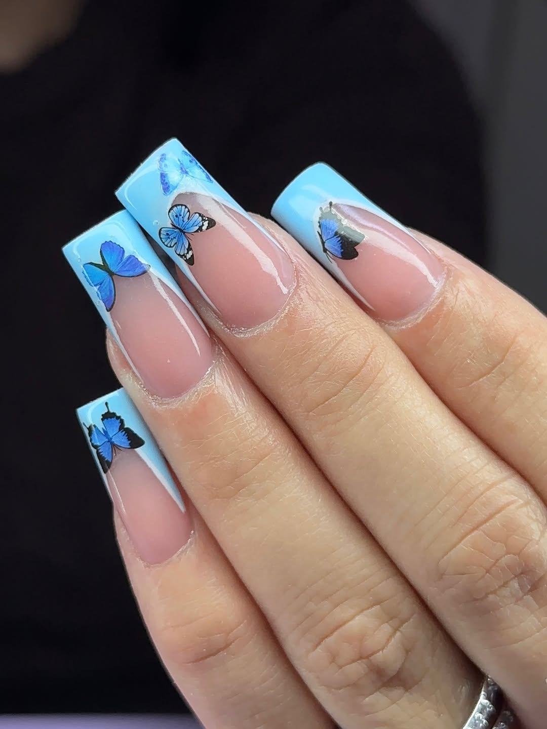 Sky Blue Butterfly Decal French Tip Coffin Nails