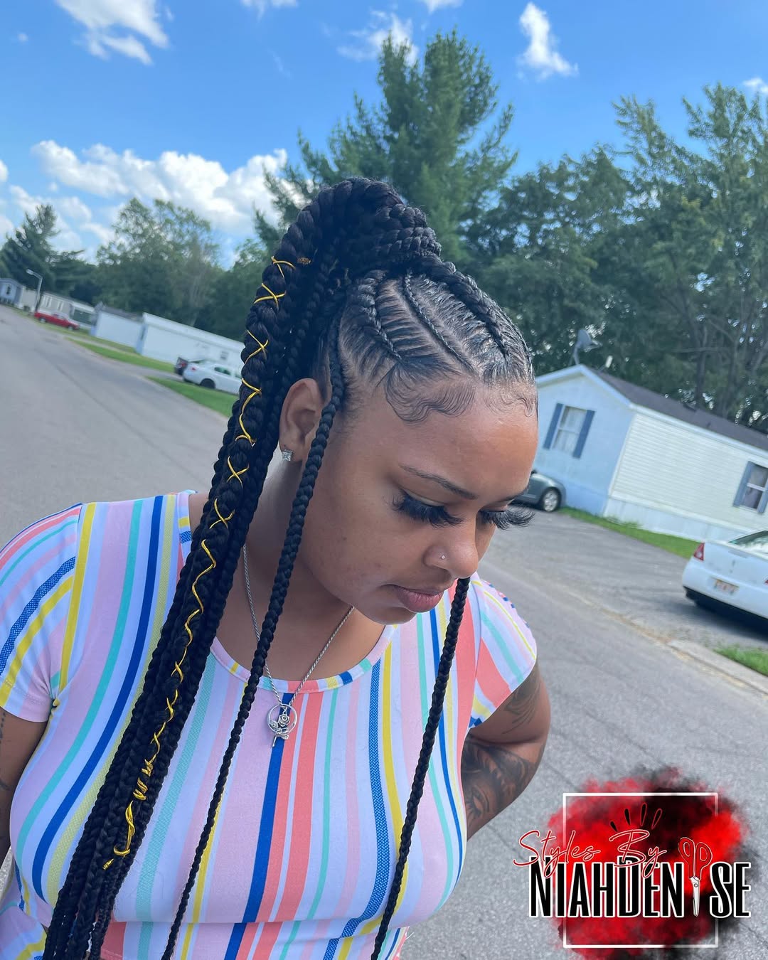 Sleek Braided High Ponytail With Gold Cording