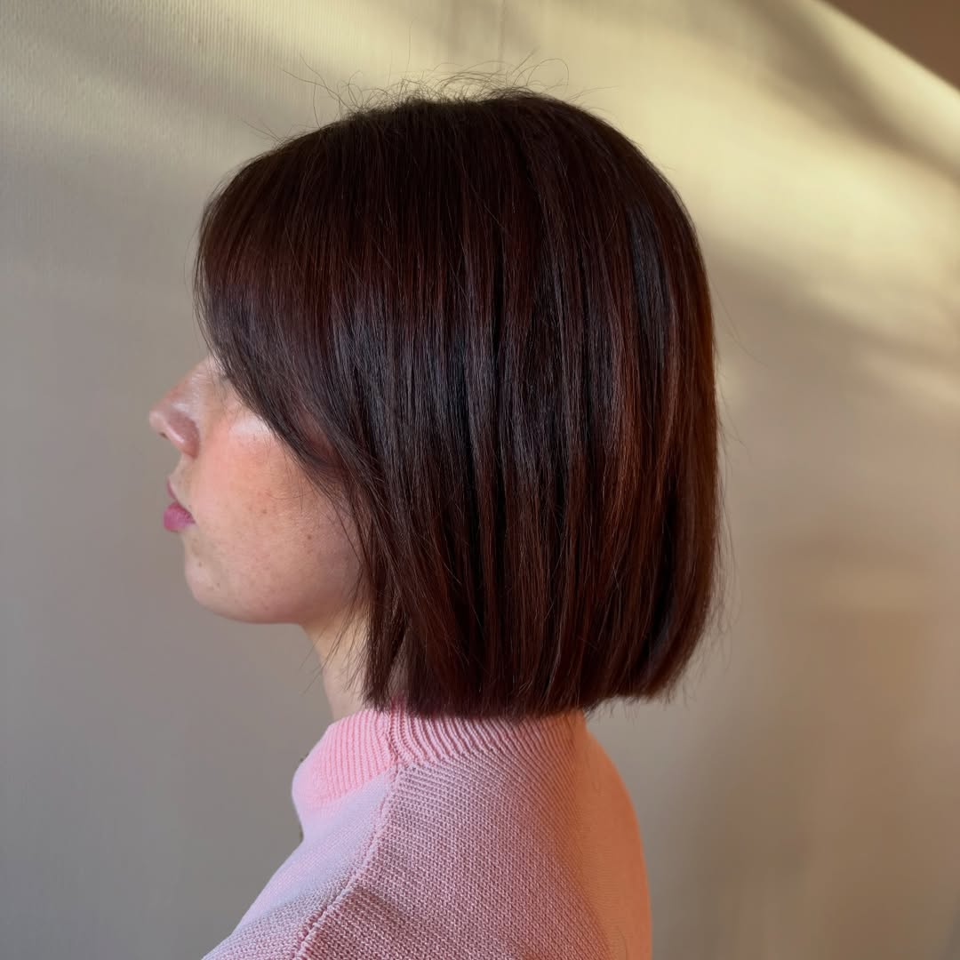 Sleek Cherry Brown Bob With Soft Fringe