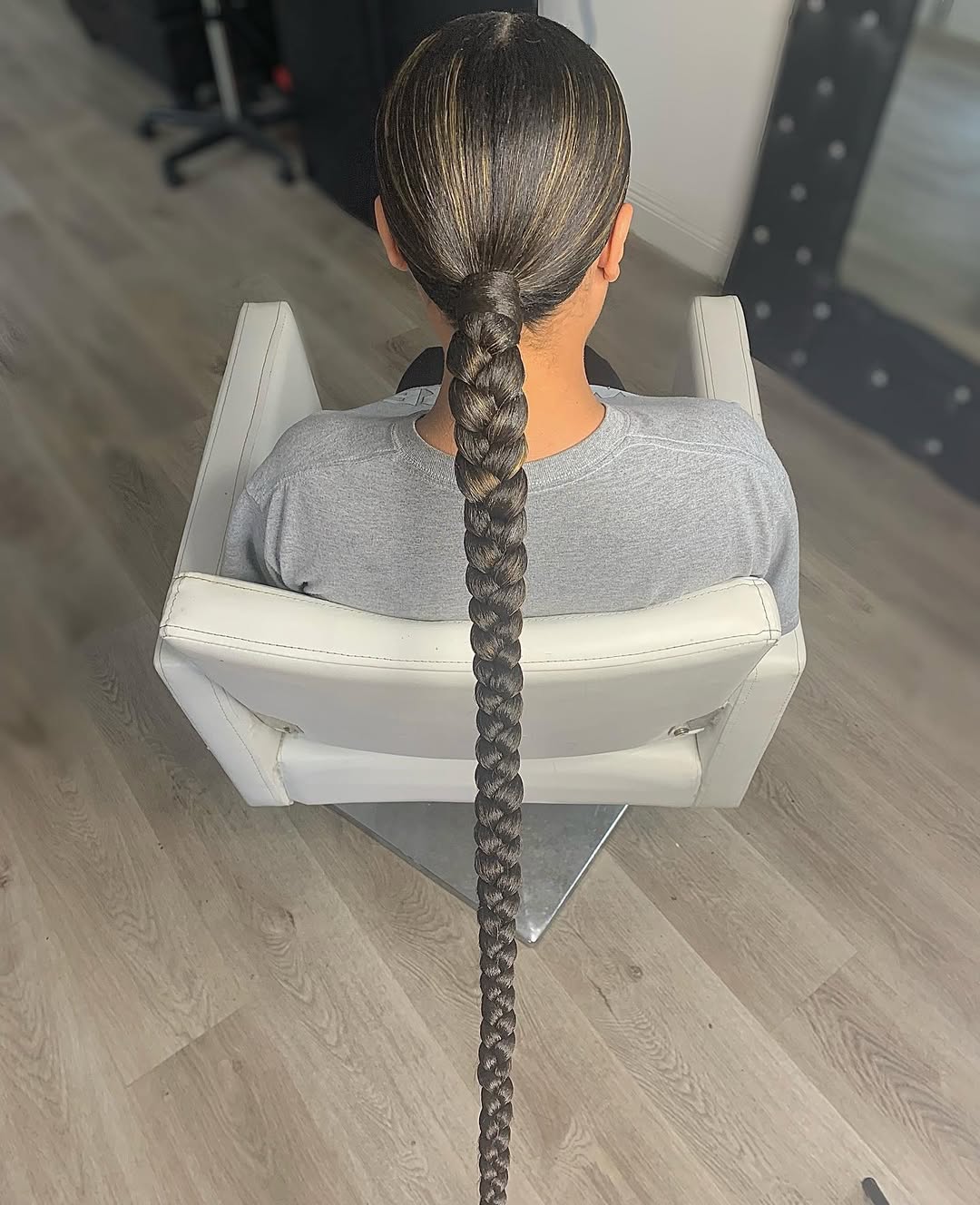 Sleek Waist-Length Braided Ponytail With Honey Highlights