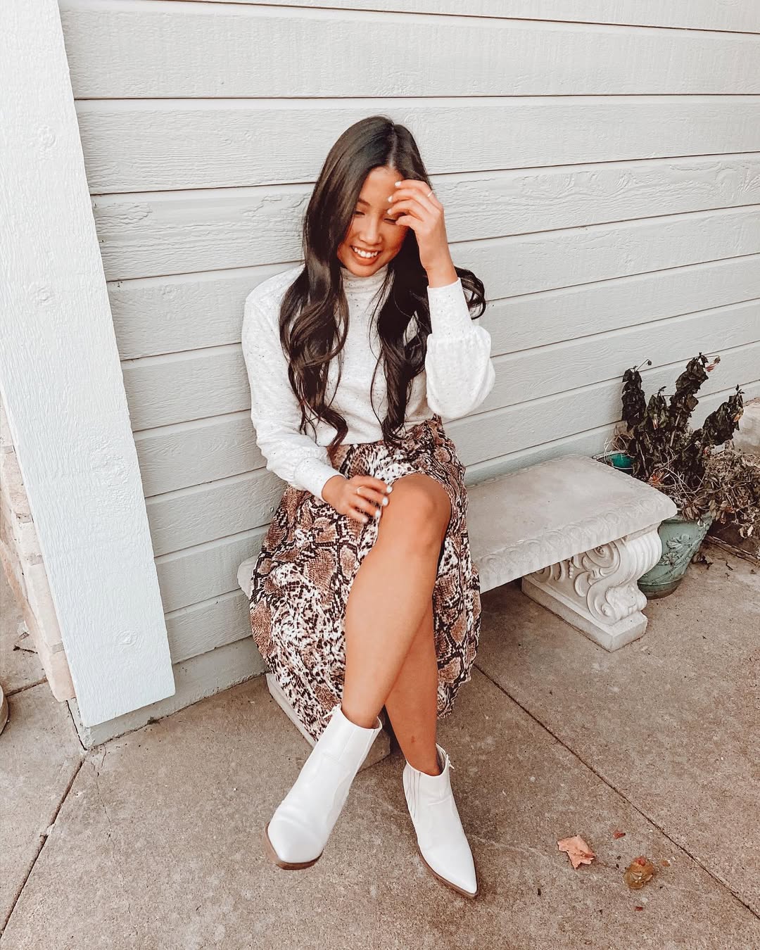 Snake Print Midi Skirt And White Boot Outfit