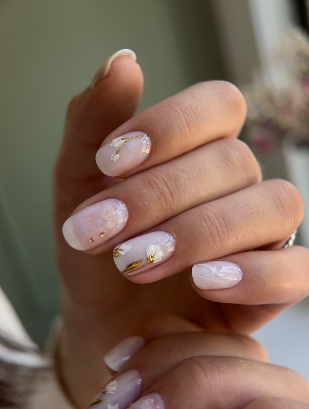 Soft Milky Pink Floral Gold Leaf Nails