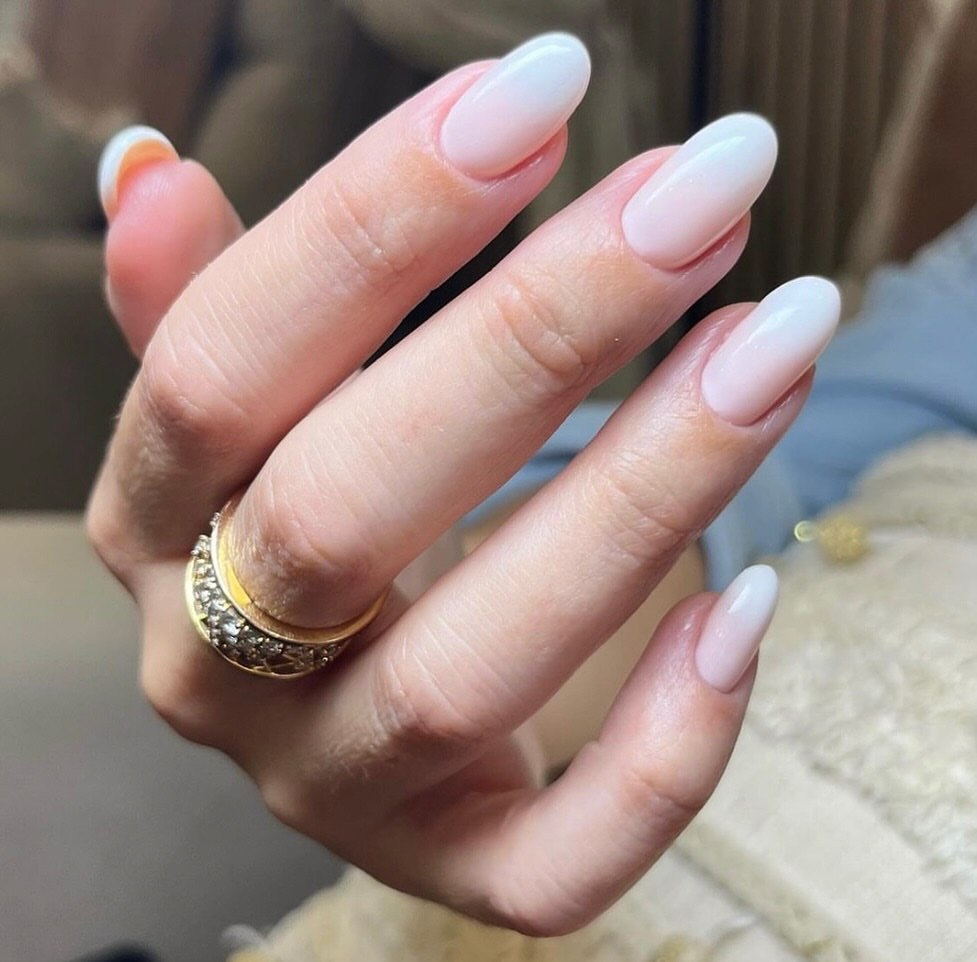 Soft Milky White Ombré Oval Gradient Nails