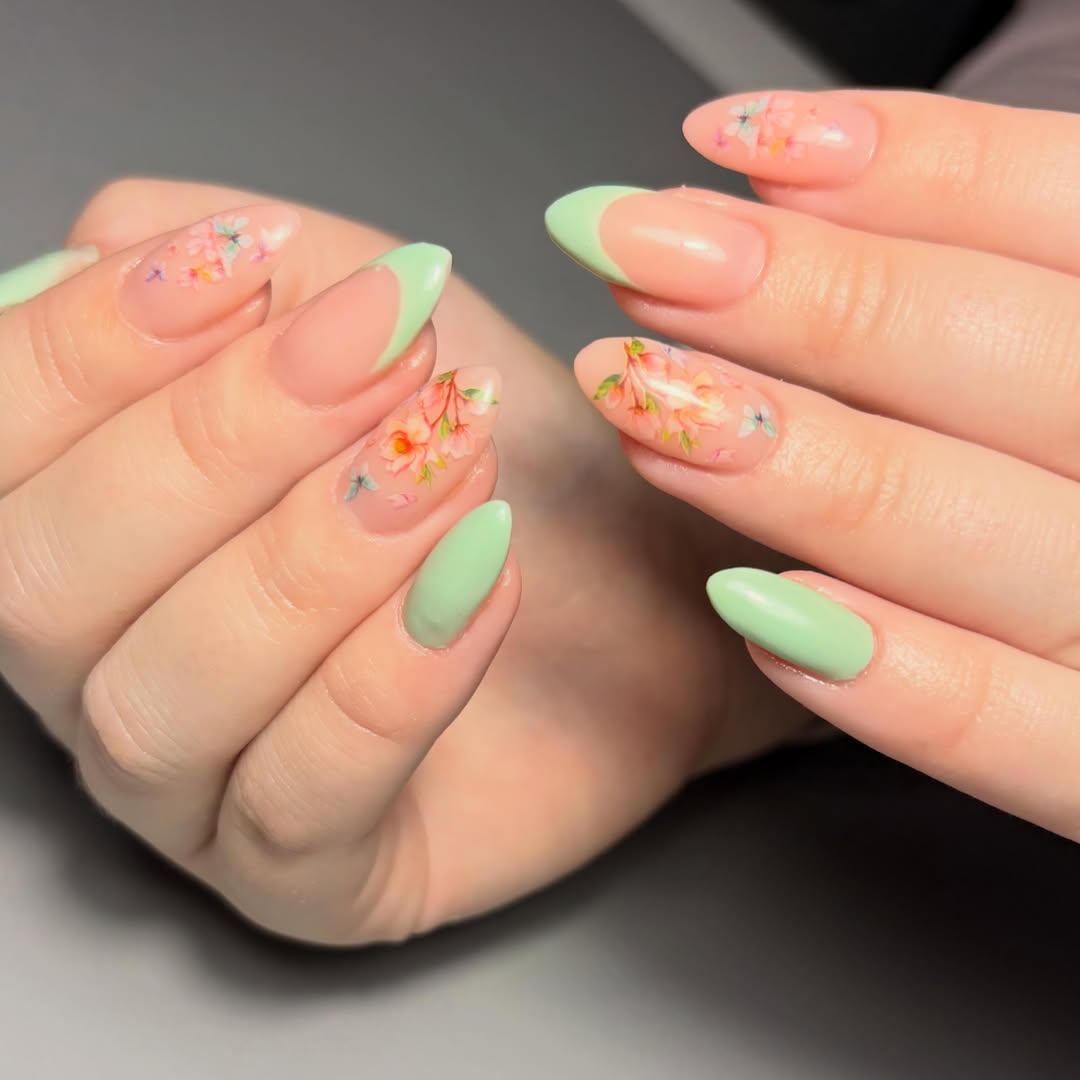Soft Mint Floral French Tips and Solid Almond Nails