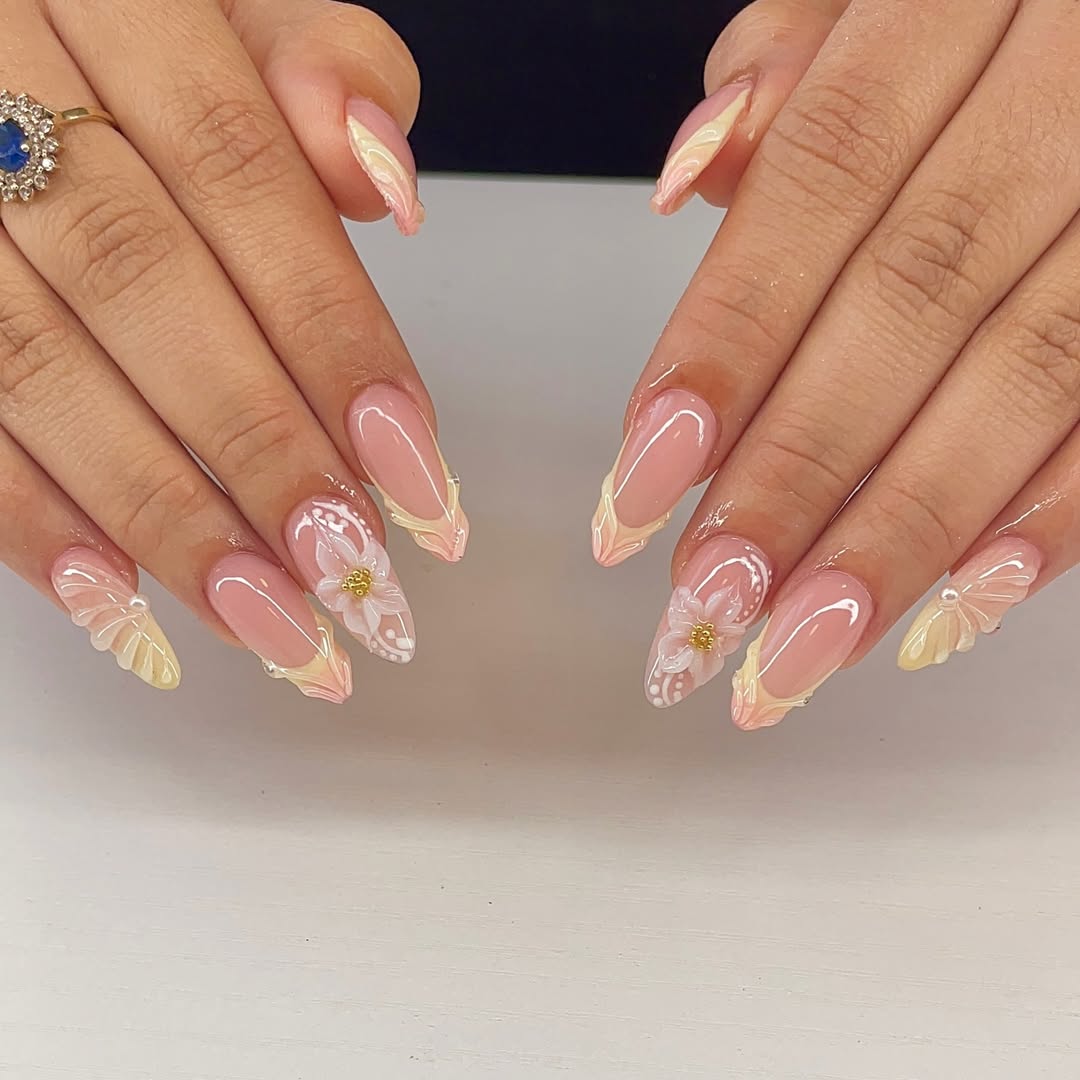 Soft Pastel Pink French Tips With 3D Floral Accents