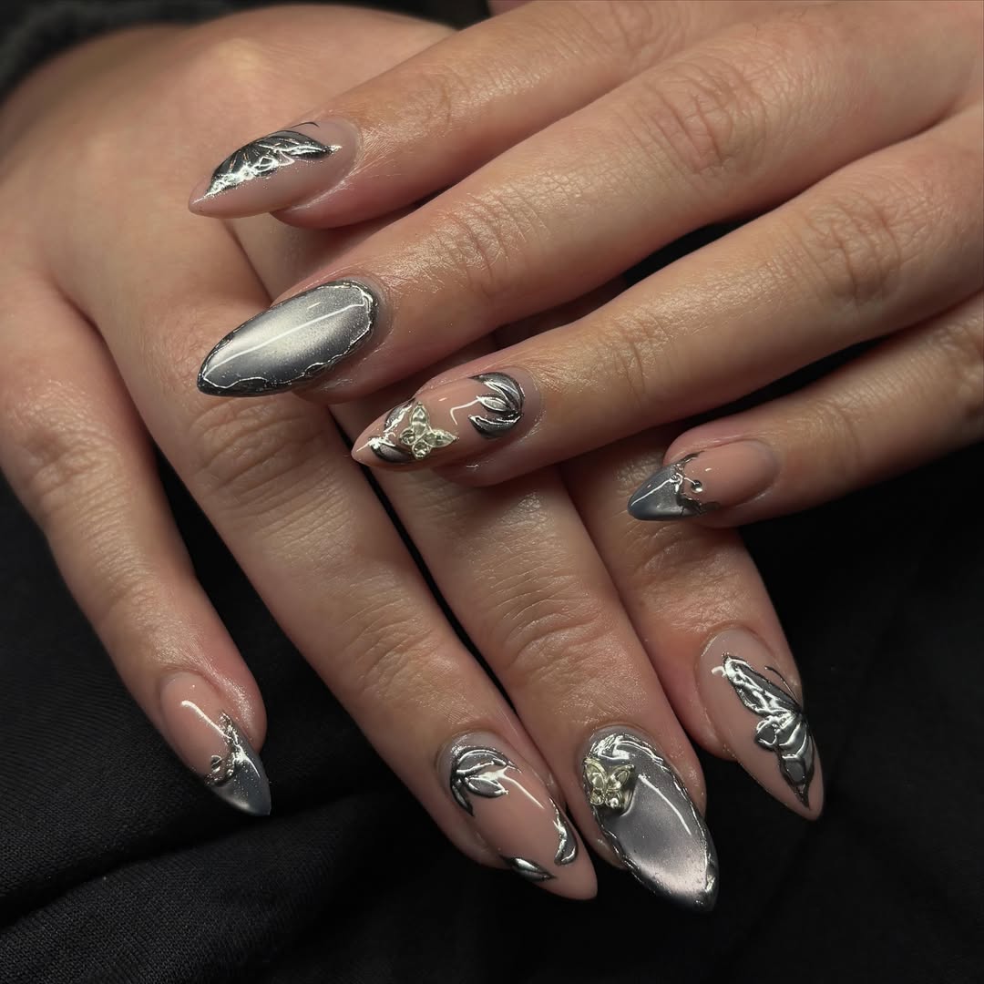 Soft Pink Almond Nails with Chrome Butterfly Accents