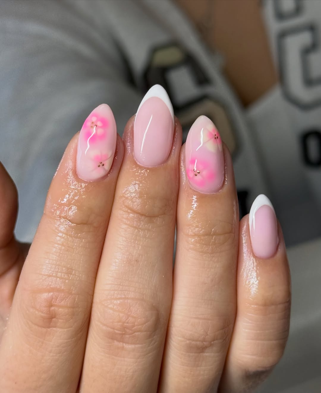 Soft Pink Floral Almond French Tips