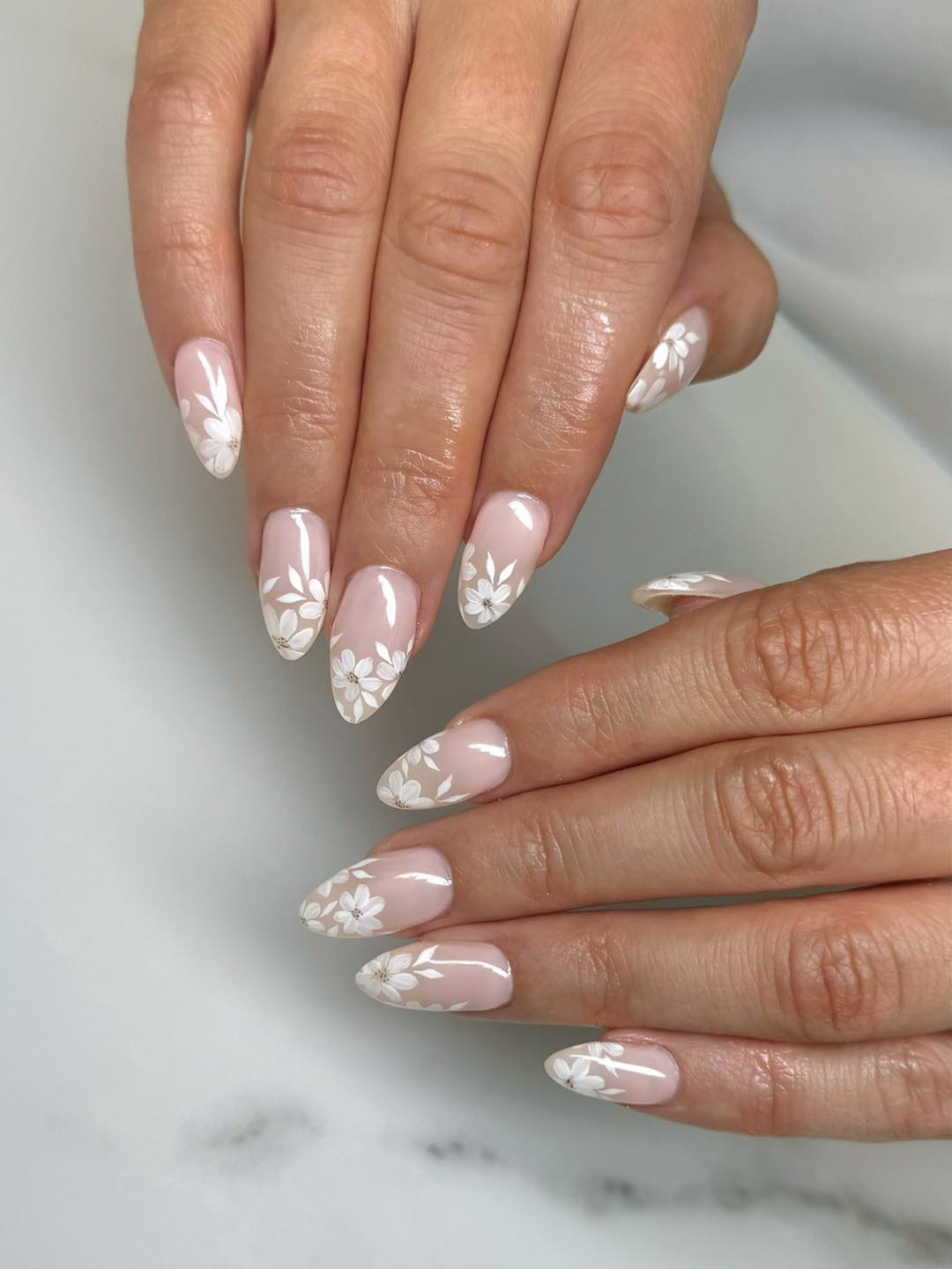 Soft Pink Floral Almond Nails
