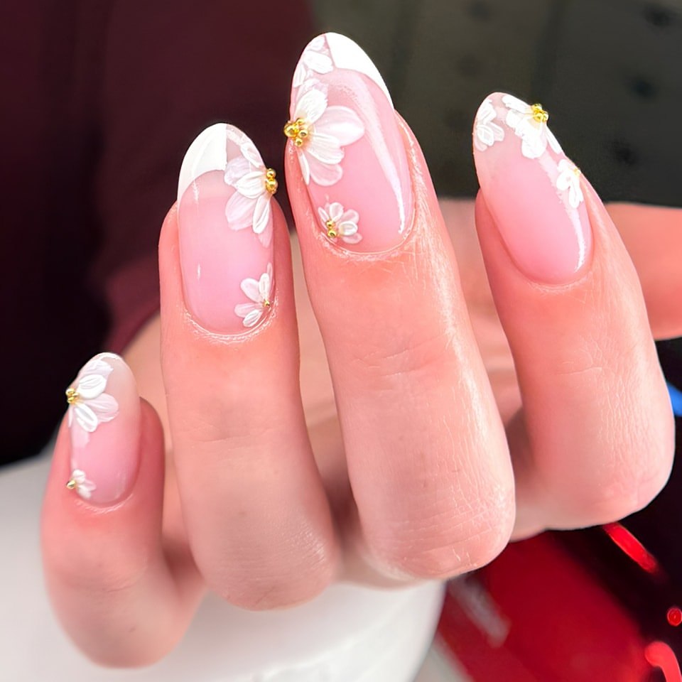 Soft Pink Floral French Tip Almond Nails