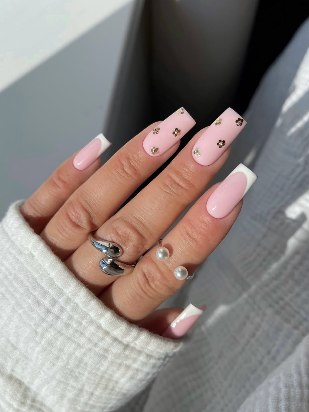 Soft Pink French Tip Gold Floral Embellished Nails