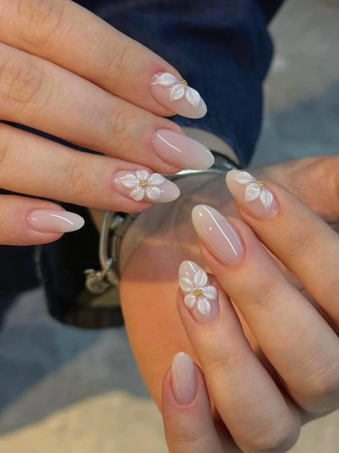 Soft Pink Nude Oval Nails with 3D White Flowers