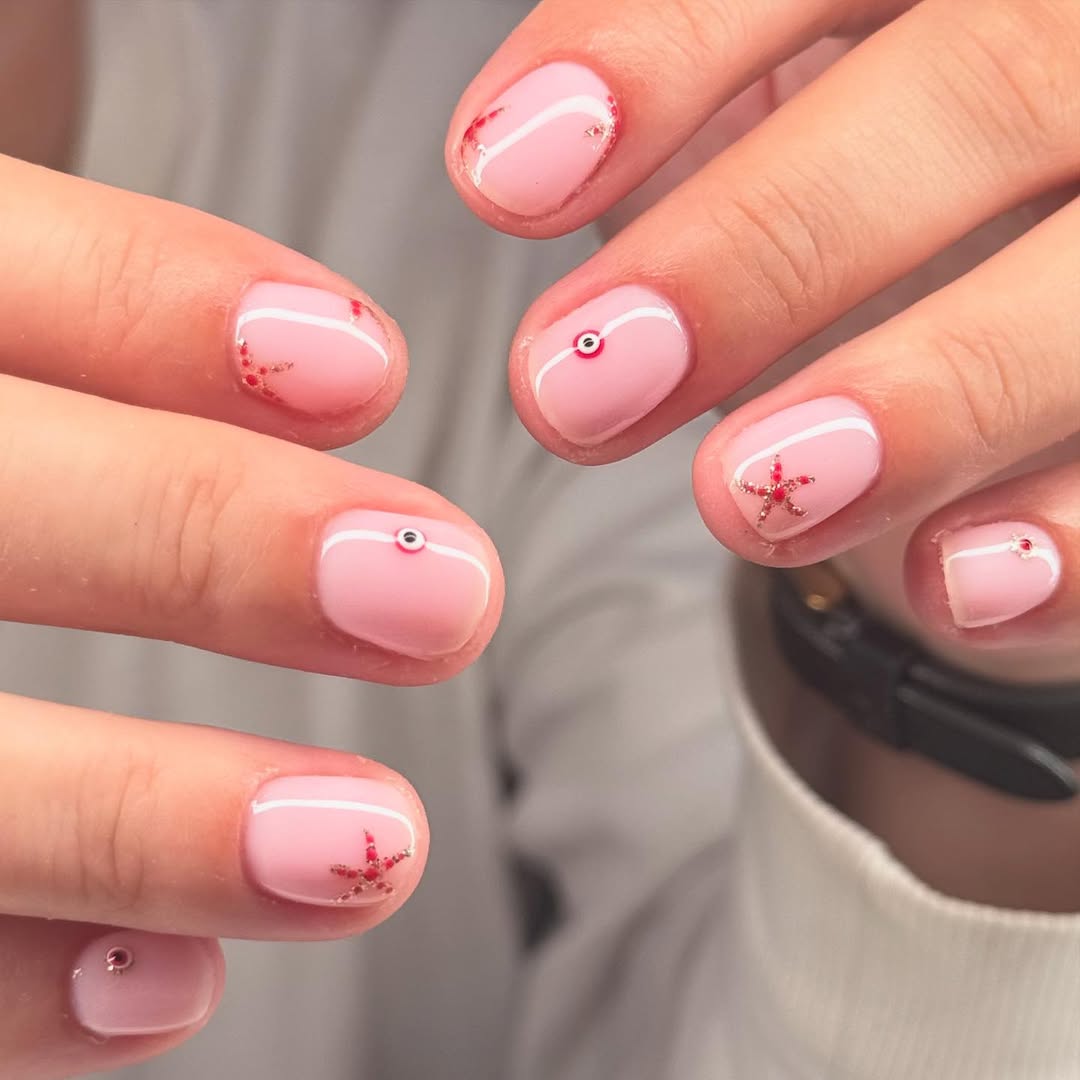 Soft Pink Summer Nails with Bejewelled Marine Accents