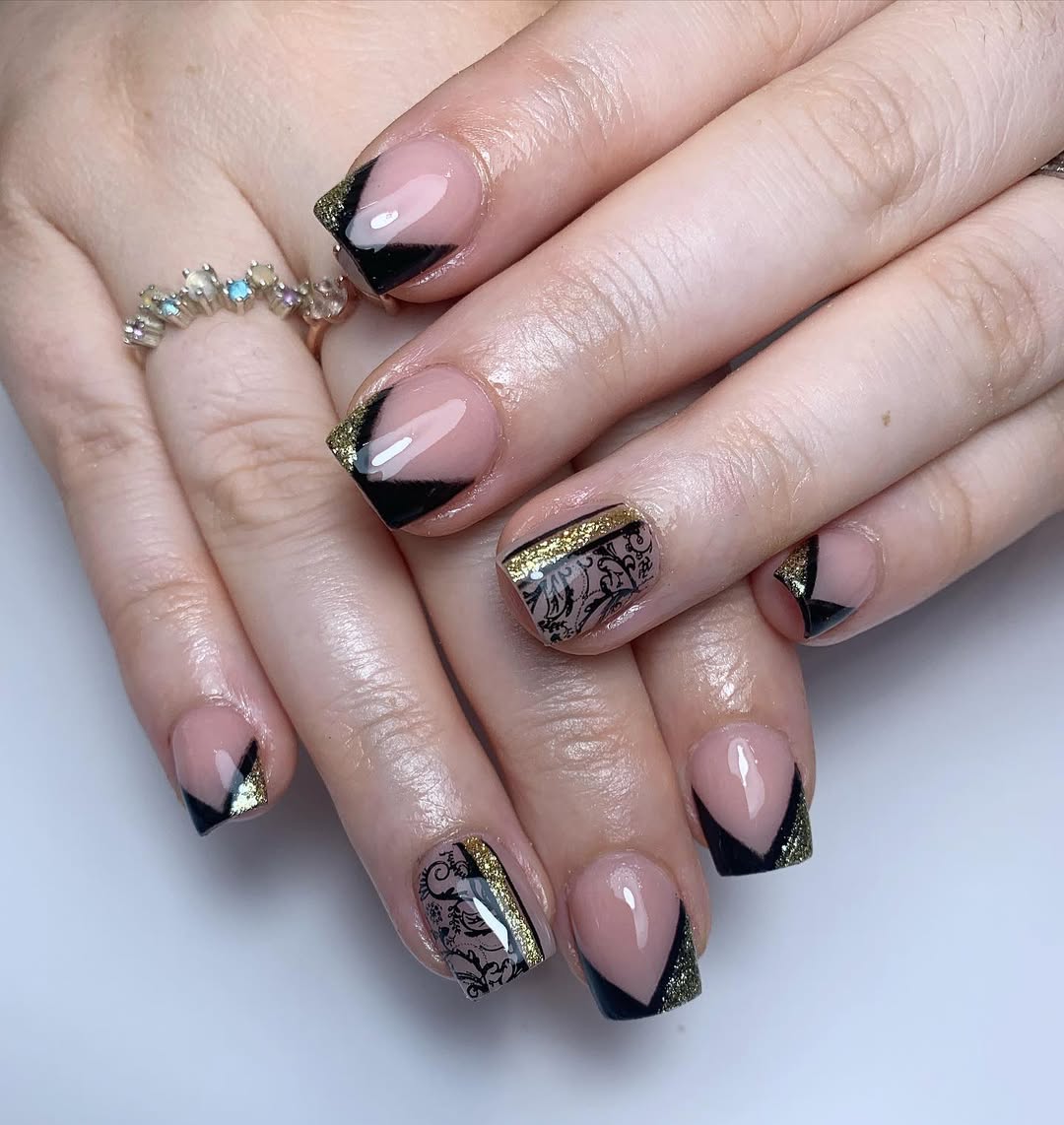 Sophisticated Black V-Cut French with Gold Glitter Accents