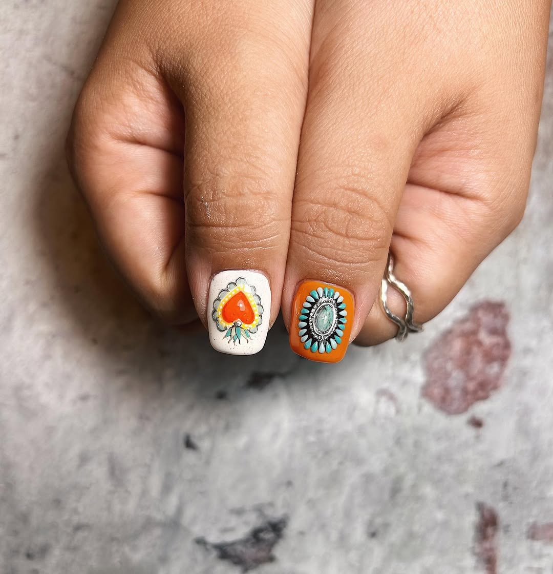 27 Stunning Mexican Nail Designs for 2026 4 Southwestern-Inspired Turquoise and Corazon Art Short Nails