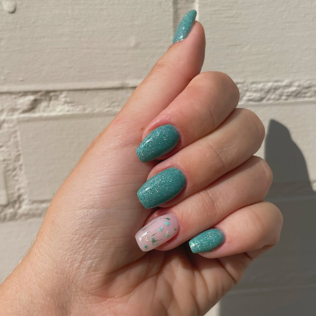 Sparkling Teal and Floral Accent Coffin Nails
