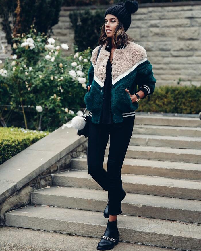 Sporty Varsity Jacket and Black Skinny Jeans Outfit