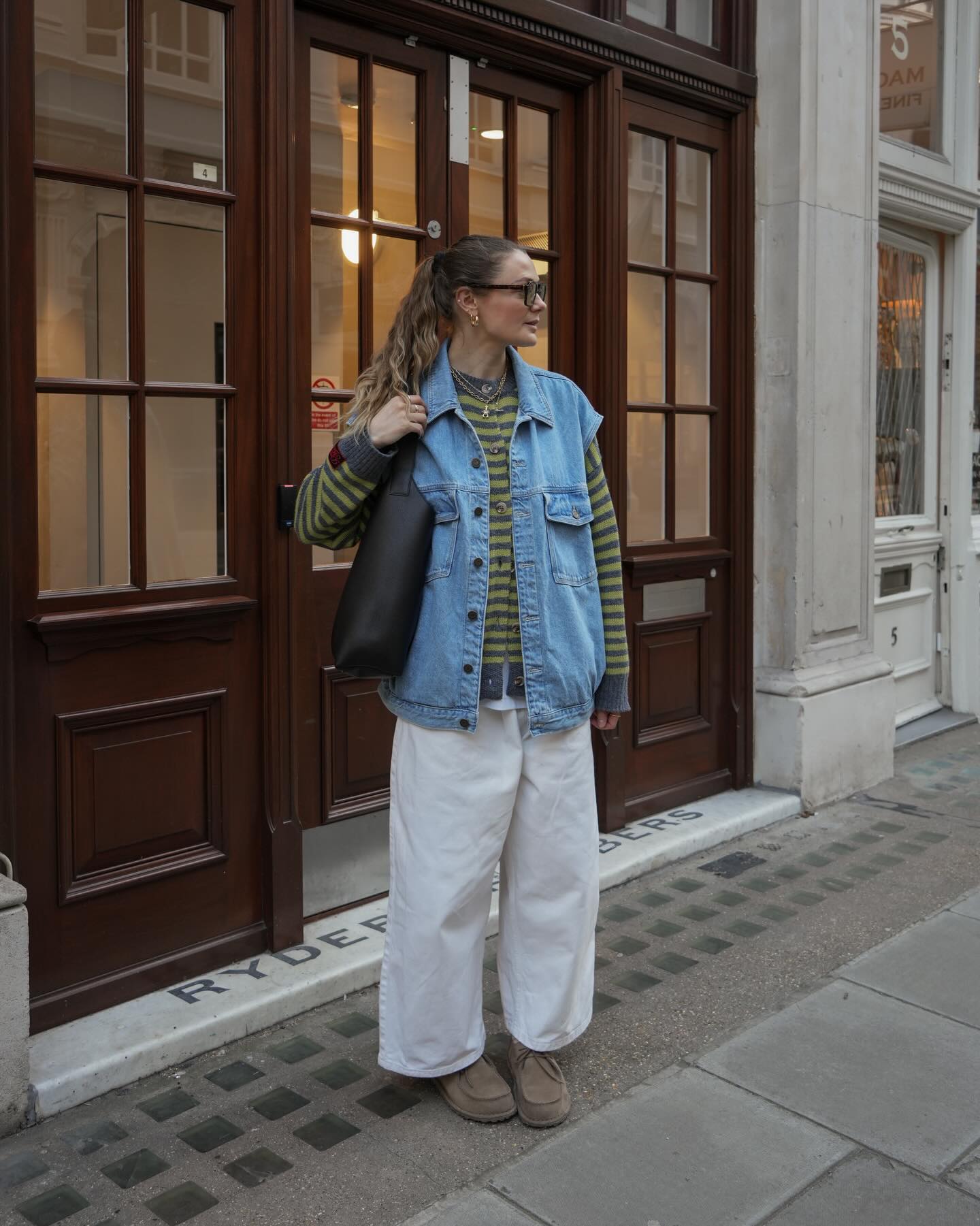 25 Fall Going Out Outfits You Need for 2026 8 Striped Knit With Denim Vest And Wide Leg Trousers