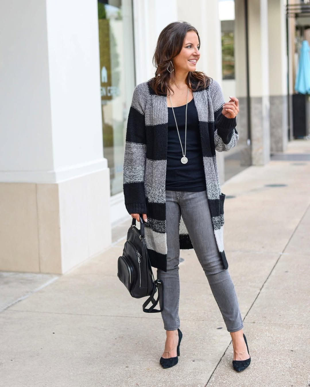 Striped Longline Cardigan With Grey Denim