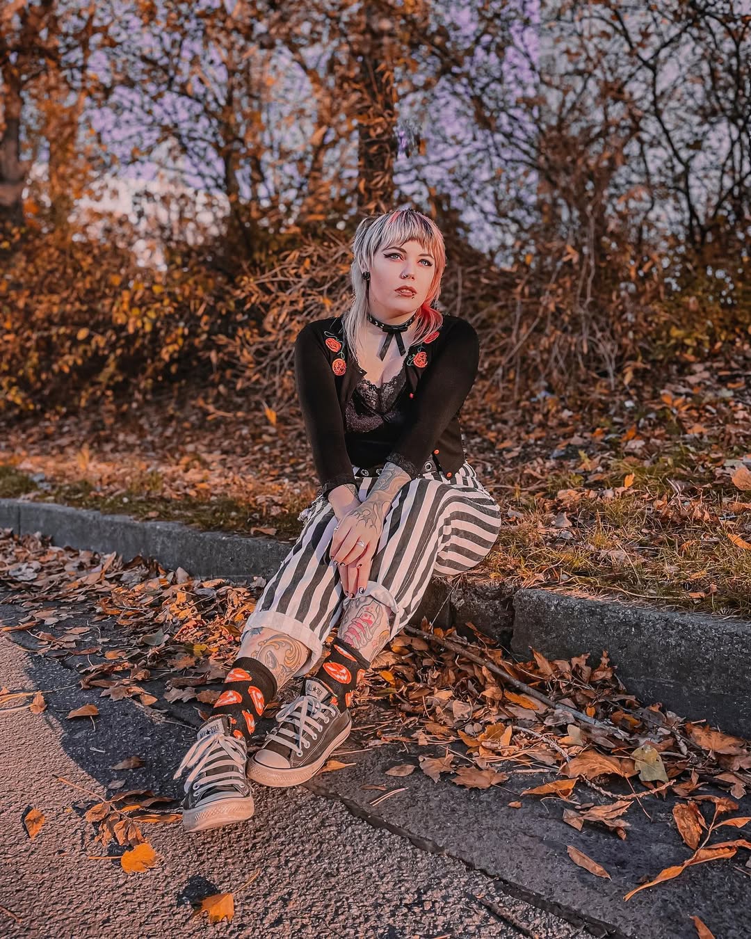 30 Chic Fall Outfits Women Will Love in 2026 20 Striped Trousers With Goth Cardigan Casual Fall Style