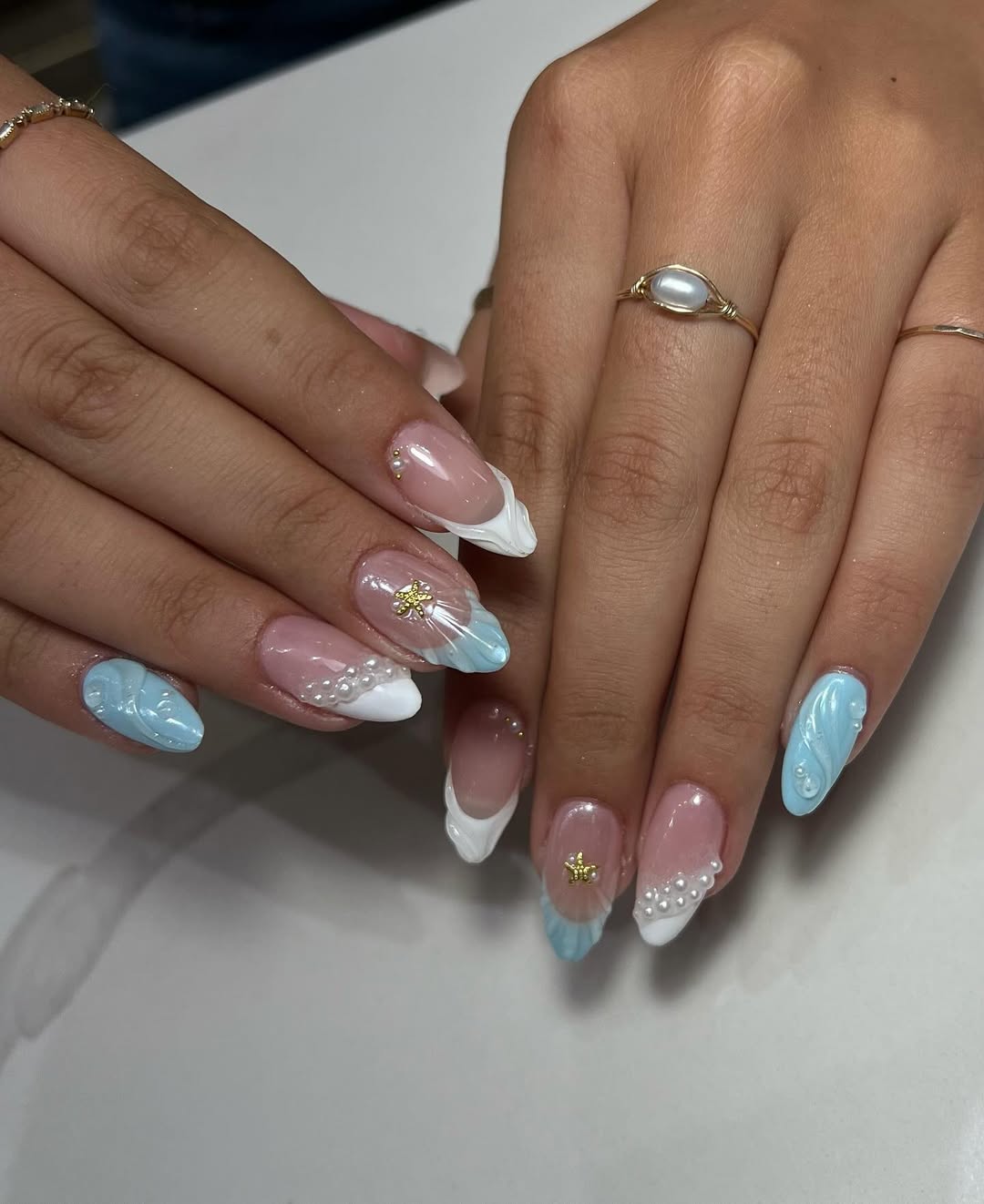 Summer Blue & White Pearl Nail Art