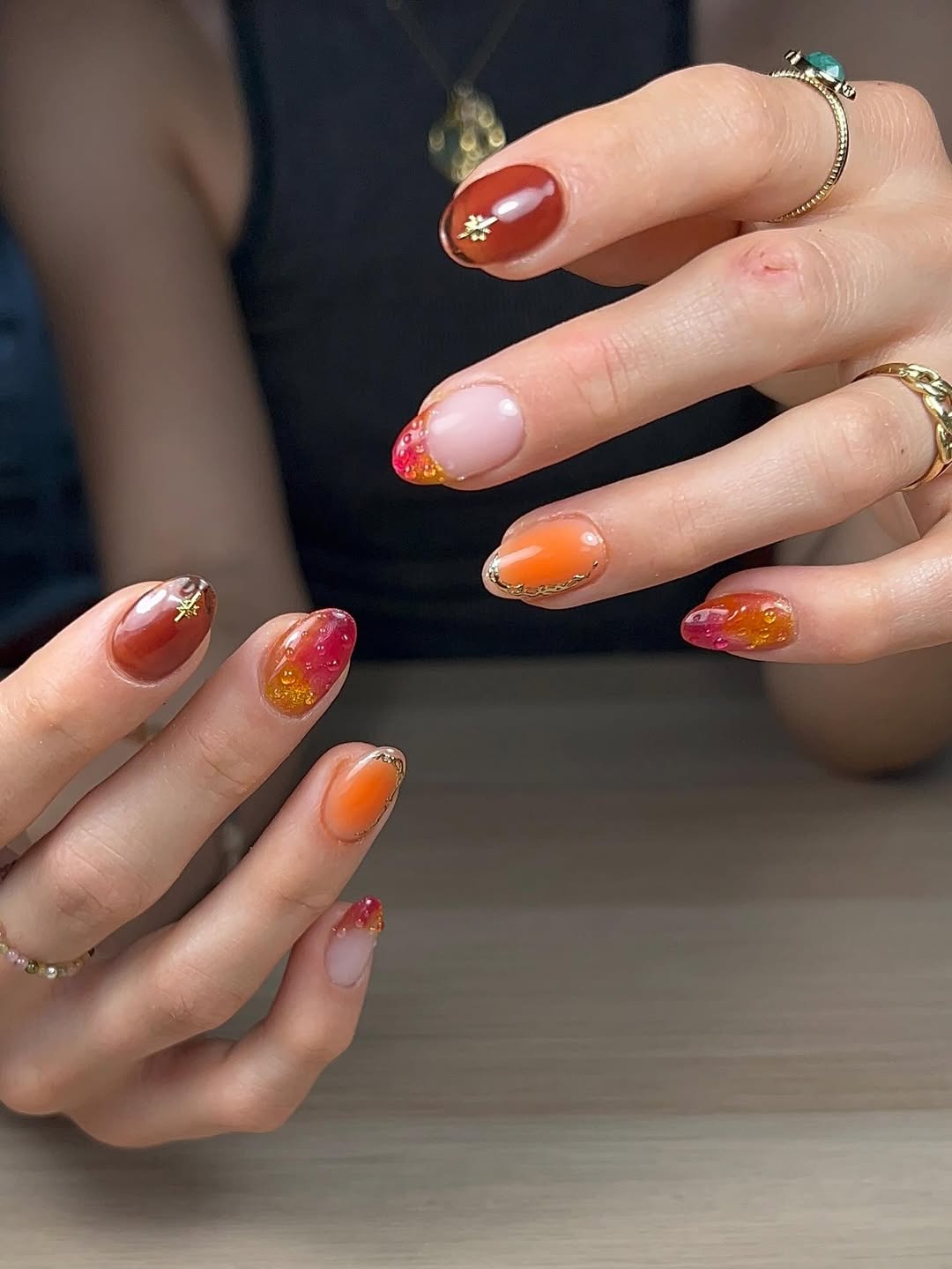Sunset Aura Jelly Mismatched Oval Nails with Gold Accents