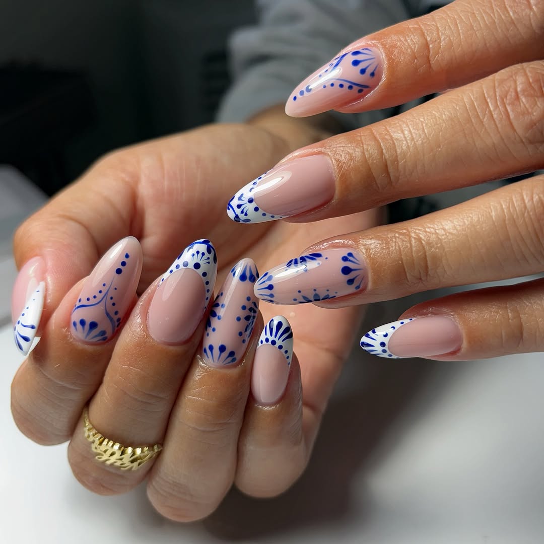 27 Stunning Mexican Nail Designs for 2026 13 Talavera Blue and White French Tip Almond Nails