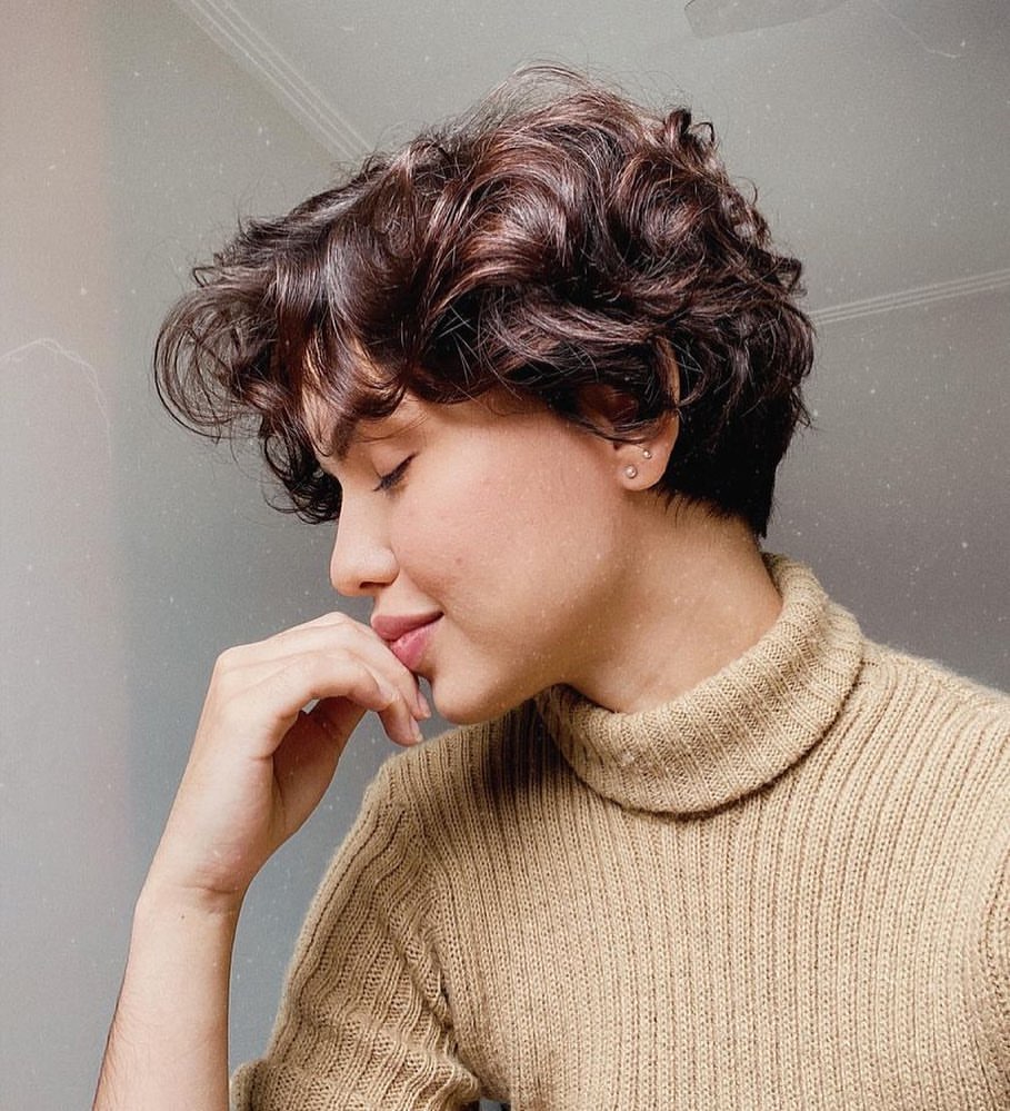 Textured Auburn Curly Pixie with Deep Side Part