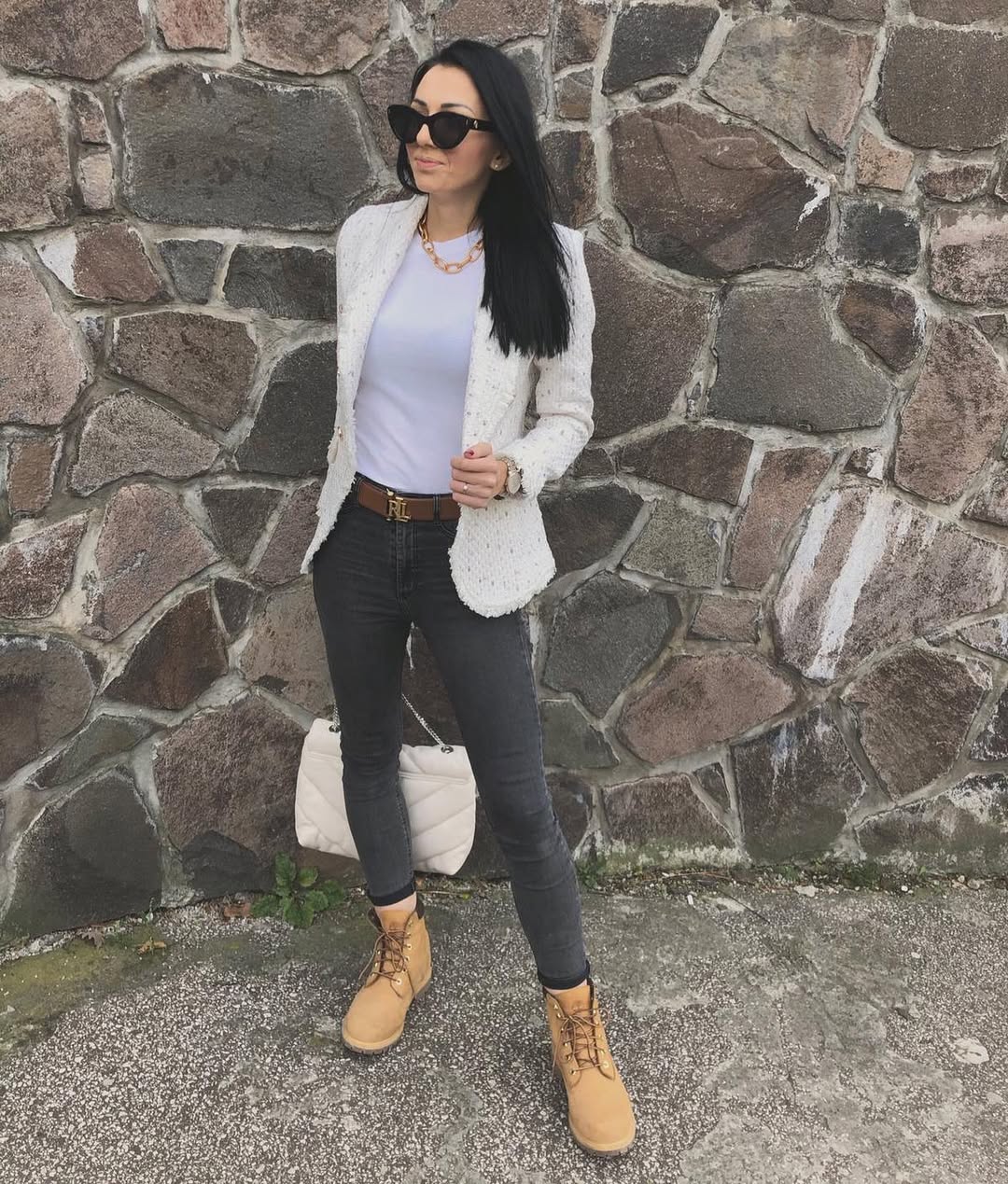 Textured Blazer With Dark Wash Denim And Boots