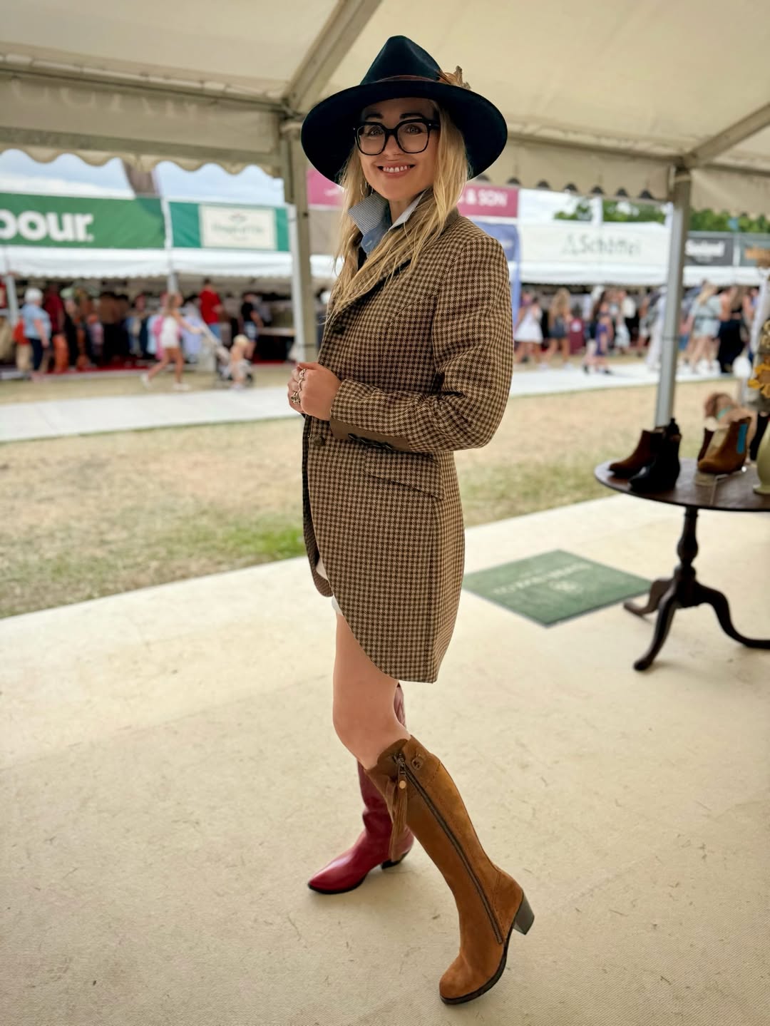 25 Cowboy Boot Outfits You Need for 2026 9 Tweed Blazer With Knee-High Boots And Fedora