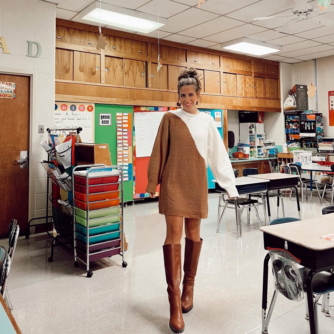 27 Fall Boot Outfit Ideas You Need Now 15 Two-Tone Sweater Dress with Brown Knee-High Boots