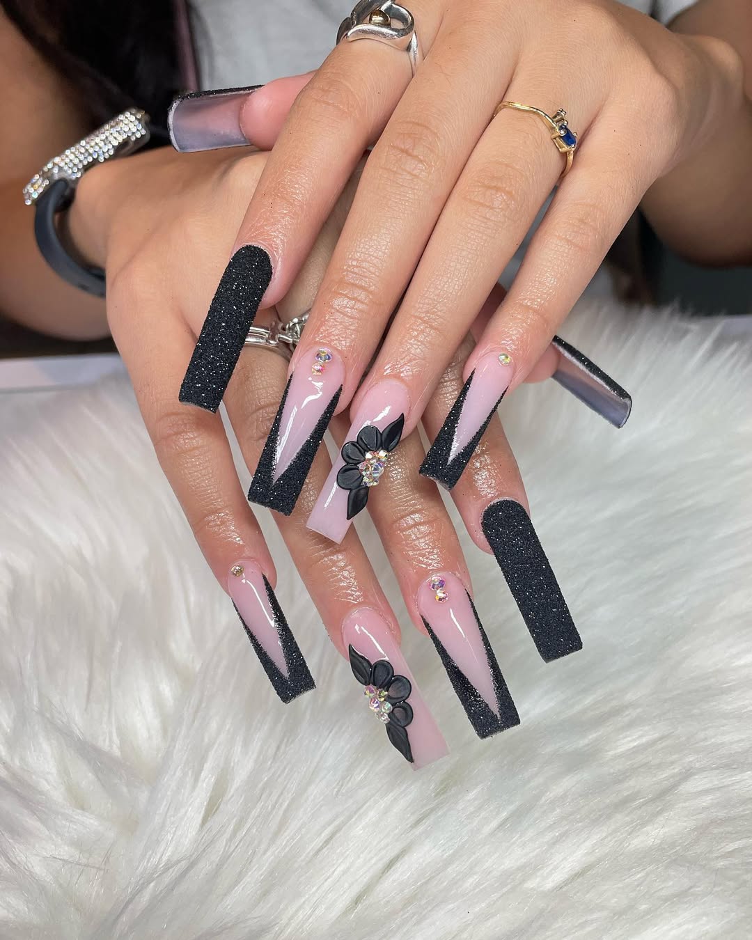 Velvet Black Geometric Coffin Nails With 3D Blooms