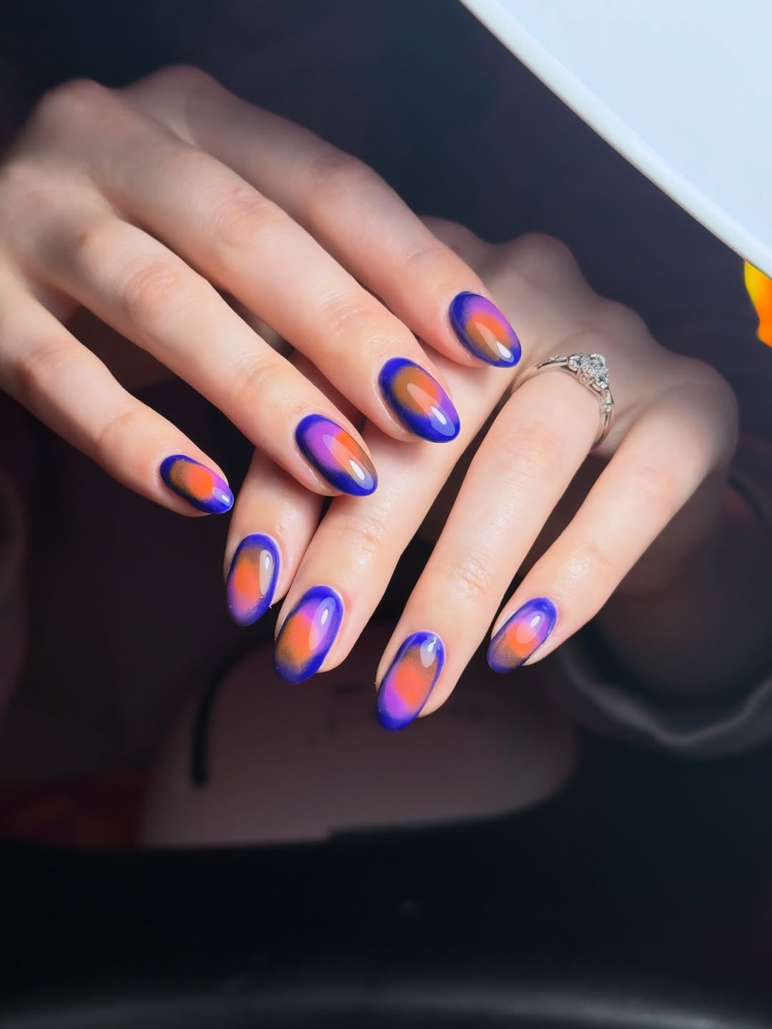 Vibrant Blue Purple Orange Aura Glossy Oval Nails