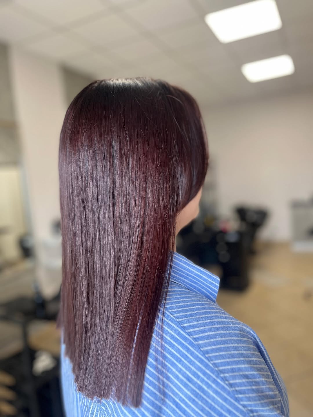 Vibrant Cherry Brown Straight Hair with Dark Roots