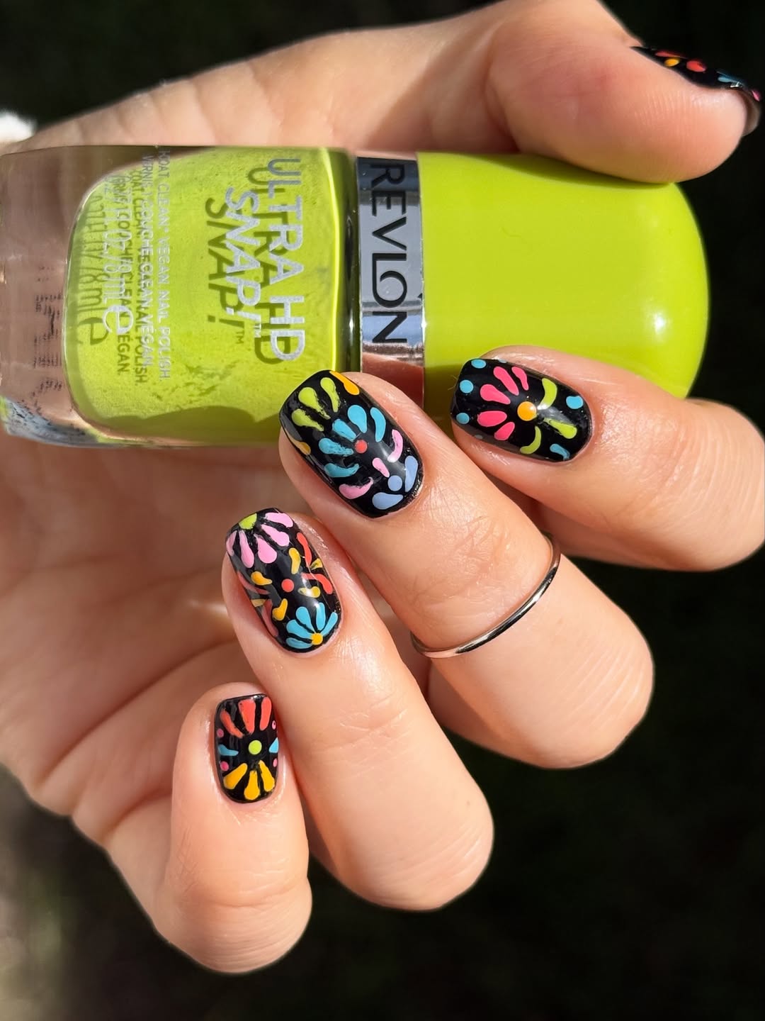 27 Stunning Mexican Nail Designs for 2026 27 Vibrant Floral Burst on Glossy Black Short Nails