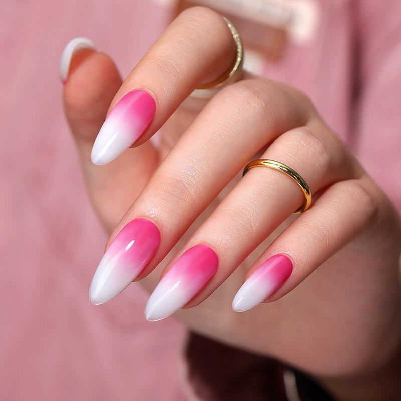 Vibrant Fuchsia White Gradient Almond Nails