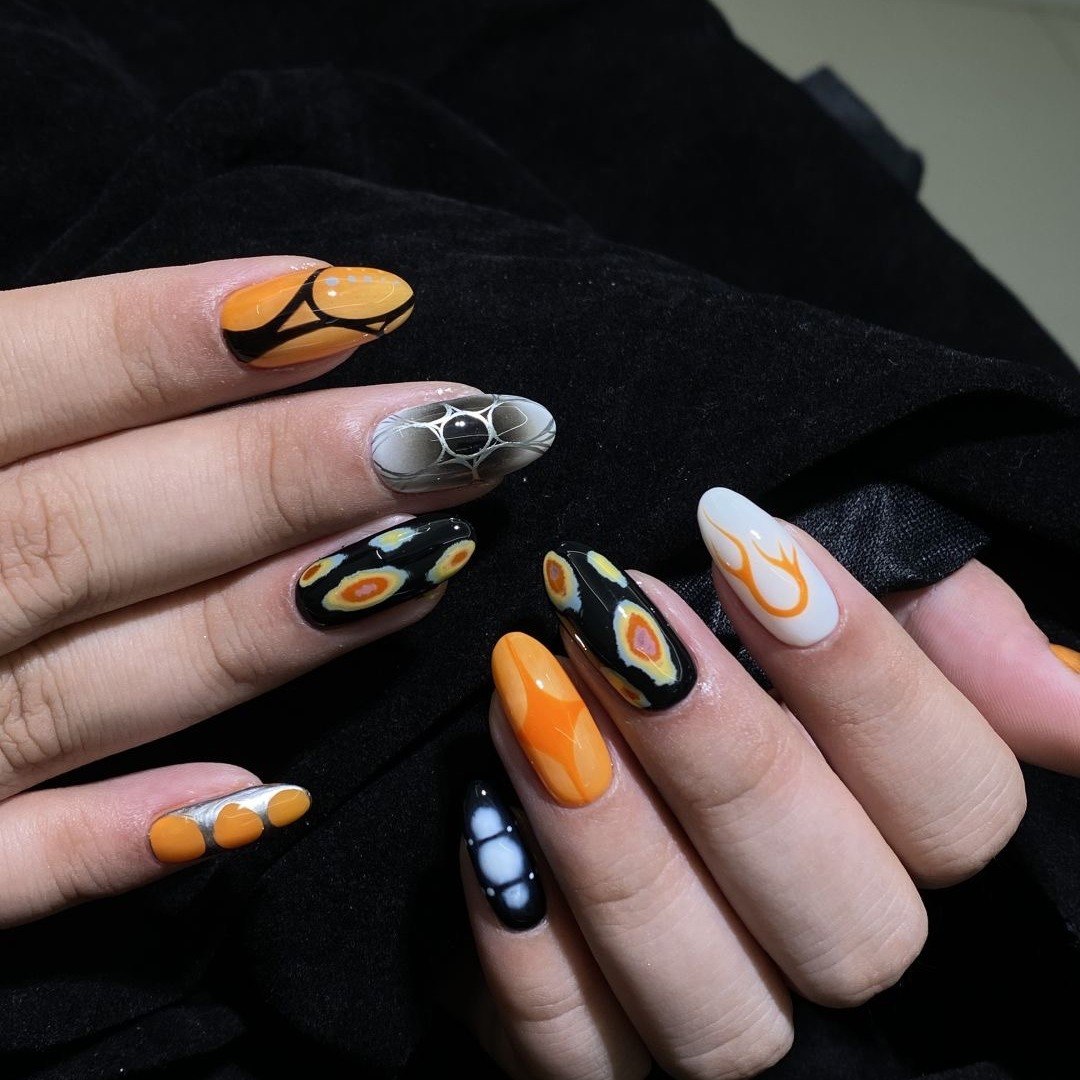 Vibrant Geometric Mix-and-Match Almonds with Flame Accents